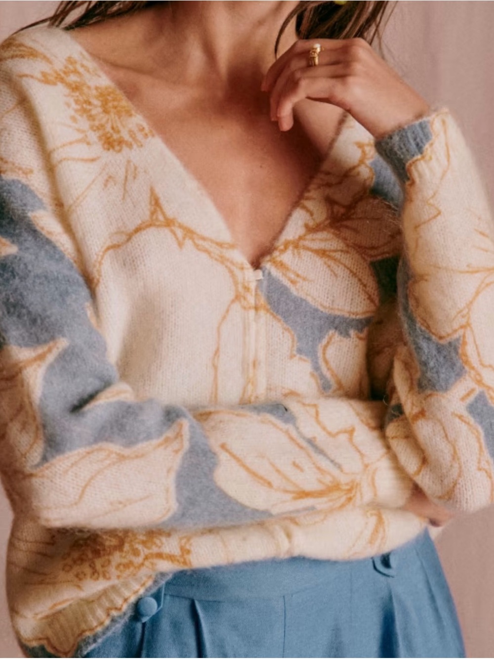 Floral Pattern Cream and Blue Button-Front Women's Sweater
